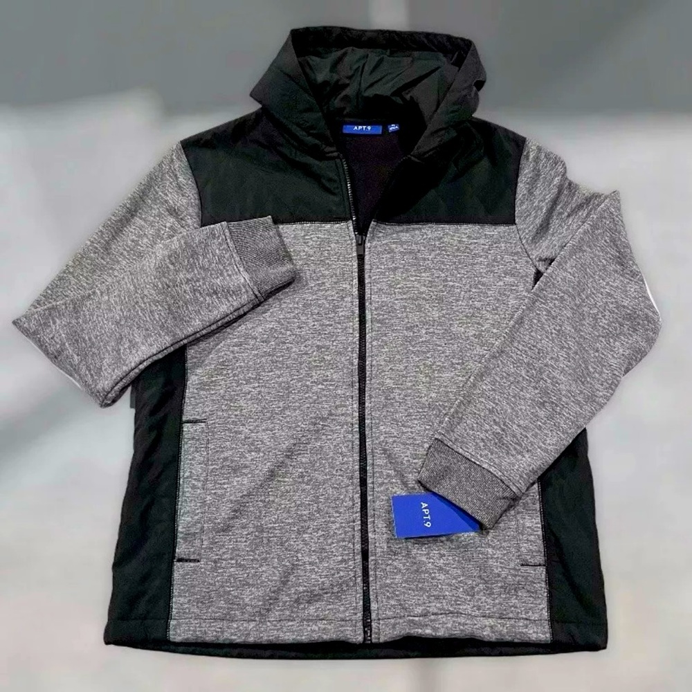 Apt 9 Mens Medium Zip Up Hooded Jacket Black With Gray Front Pocket Fleece Lined